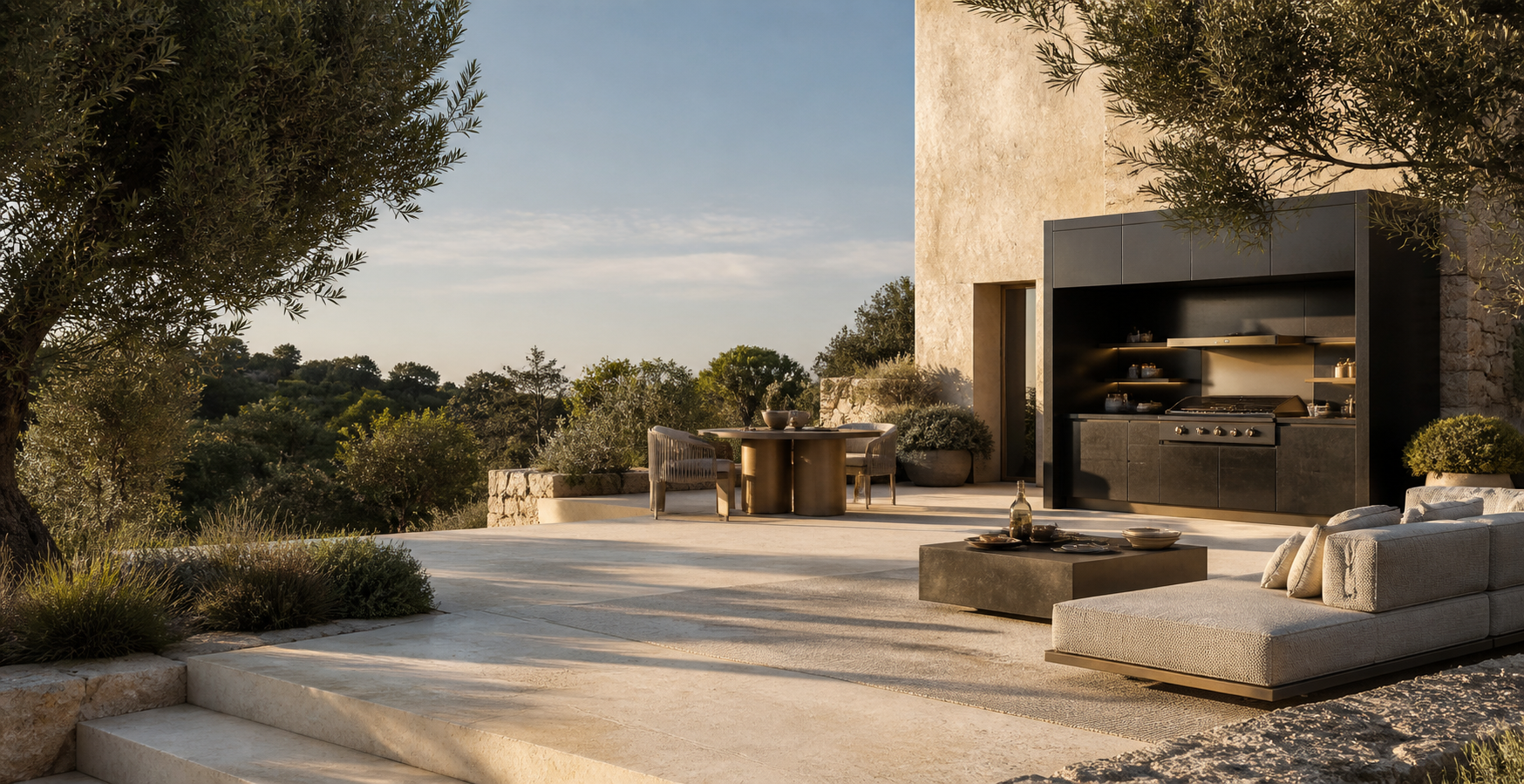 Mediterranean terrace with an outdoor kitchen and furniture